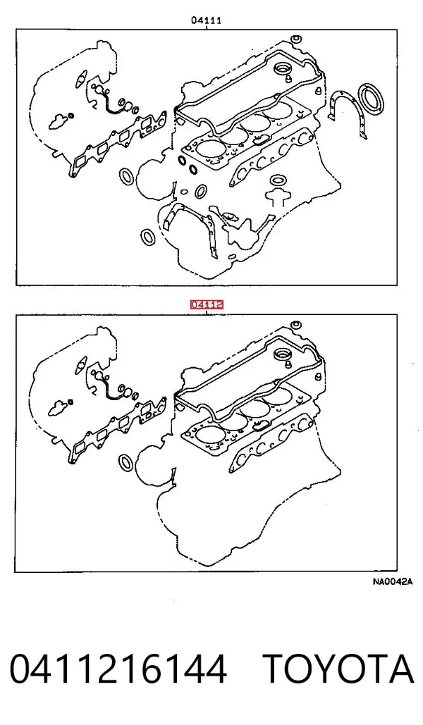 Комплект прокладок двигуна, верхній 0411216144 Toyota