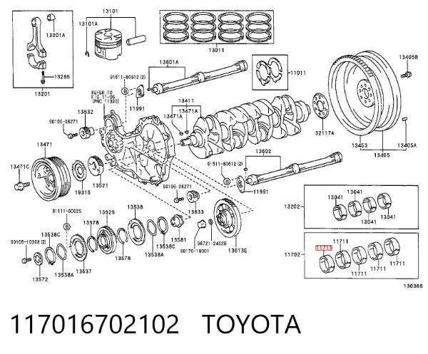 Вкладиші колінвала, корінні, комплект, стандарт (STD) 117016702102 Toyota
