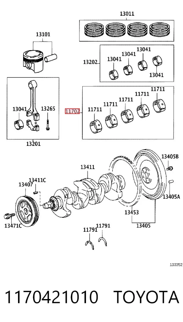 Вкладиші колінвала, корінні, комплект, 1-й ремонт (+0,25) 1170421010 Toyota
