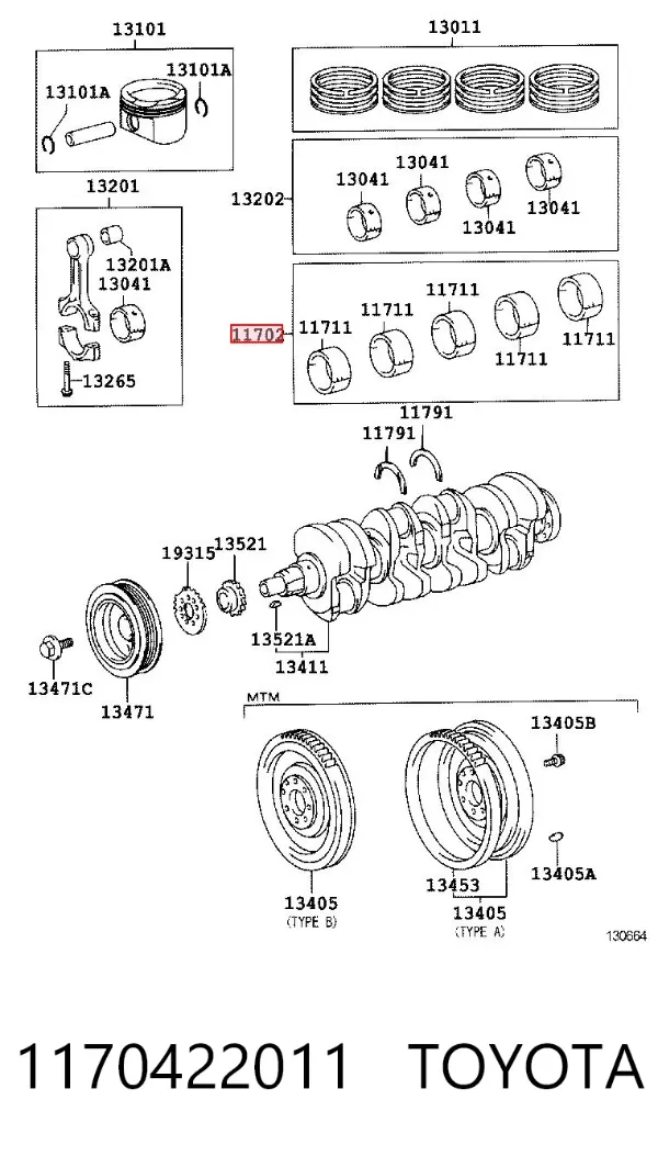 Вкладиші колінвала, корінні, комплект, 1-й ремонт (+0,25) 1170422011 Toyota