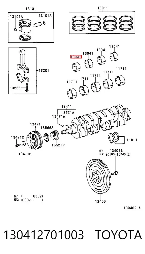 Вкладиші колінвала, корінні, комплект, 1-й ремонт (+0,25) 130412701003 Toyota