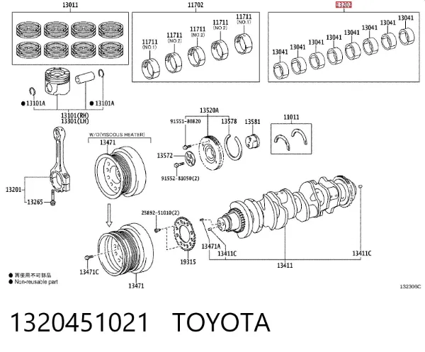 Вкладиші колінвала, шатунні, комплект, 1-й ремонт (+0,25) 1320451021 Toyota