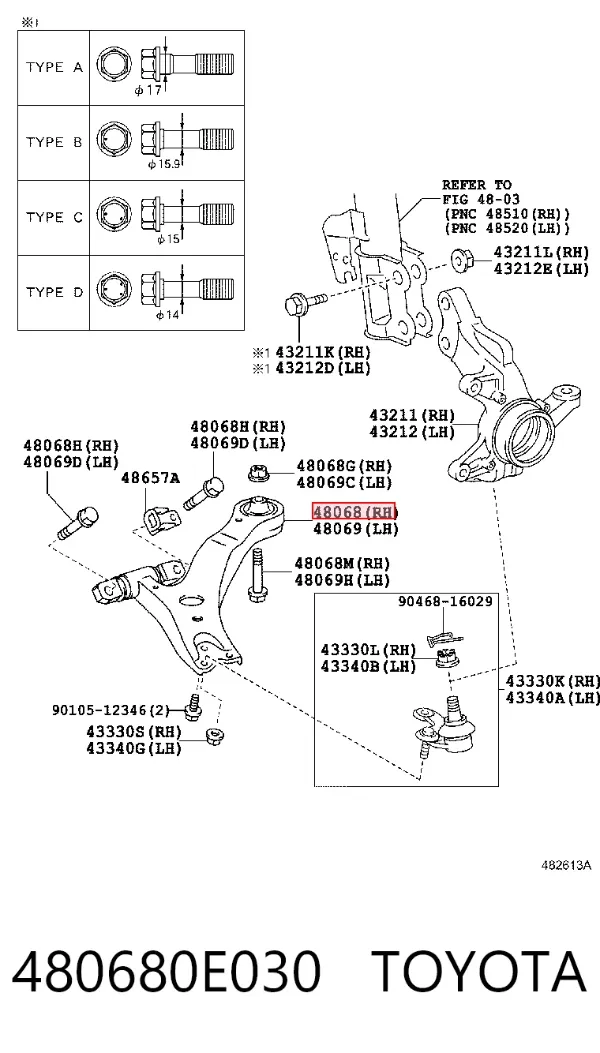 Важіль передньої підвіски нижній, правий 480680E030 Toyota