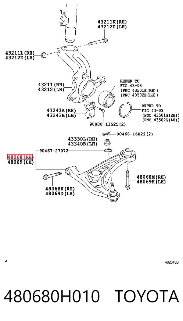 Важіль передньої підвіски нижній, правий 480680H010 Toyota