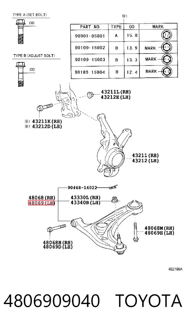 Важіль передньої підвіски нижній, лівий 4806909040 Toyota