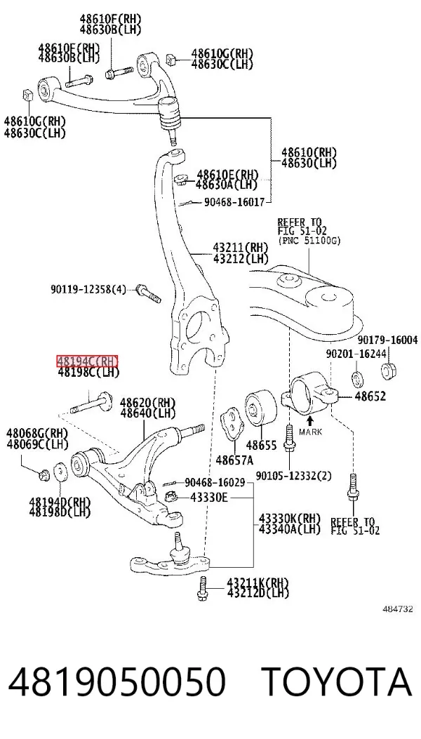 Болт кріплення заднього нижнього важеля, внутрішній 4819050050 Toyota