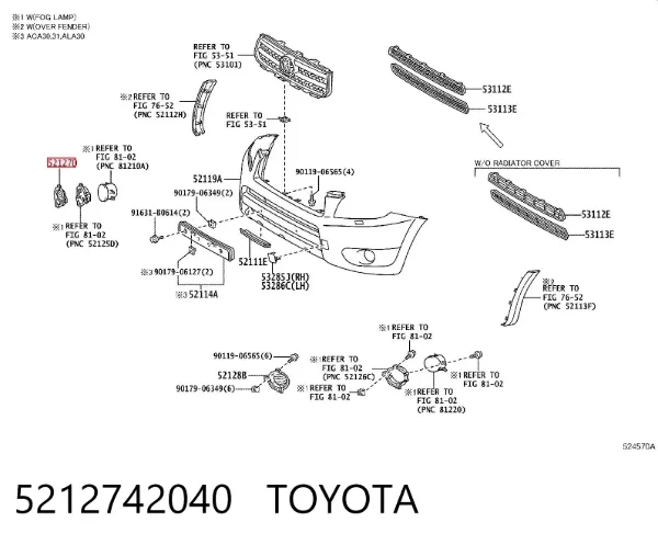 Заглушка/ решітка протитуманних фар бампера переднього, права 5212742040 Toyota