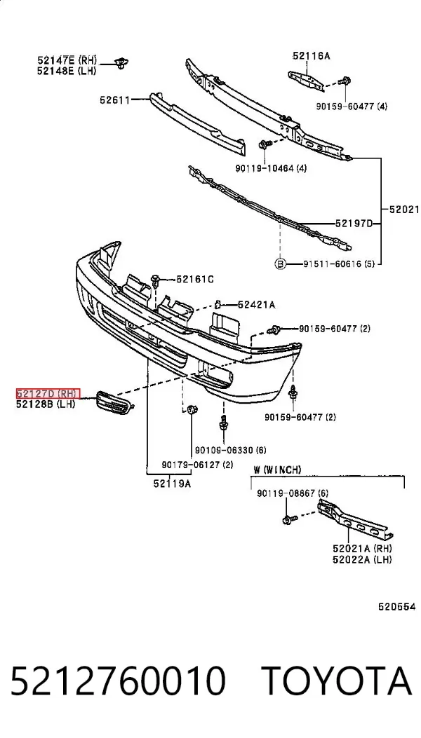 Решітка переднього бампера, права 5212760010 Toyota