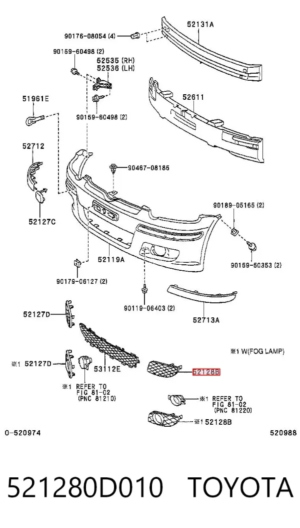Решітка переднього бампера, ліва 521280D010 Toyota
