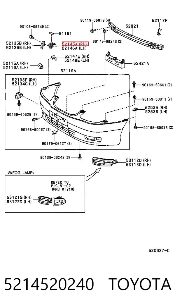 Кронштейн бампера переднього, правий 5214520240 Toyota