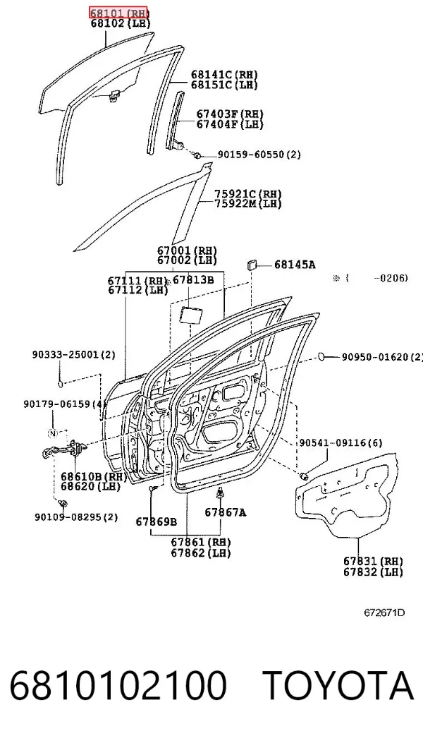 Скло передніх дверей, правою 6810102100 Toyota