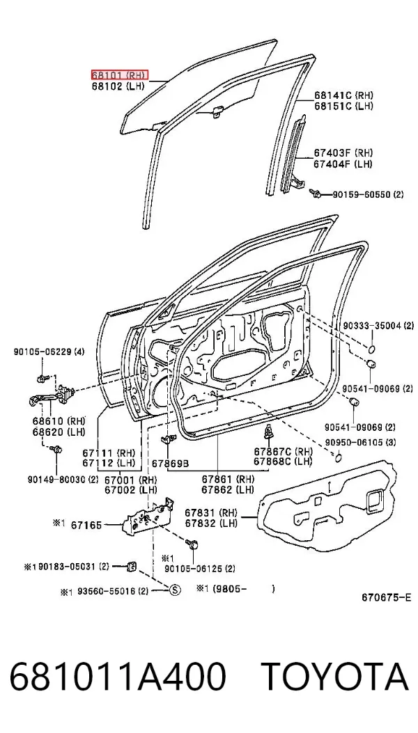 Скло передніх дверей, правою 681011A400 Toyota