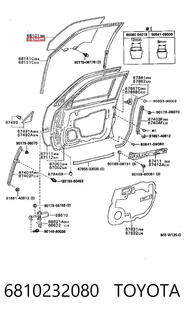 Скло передніх дверей, лівою 6810232080 Toyota