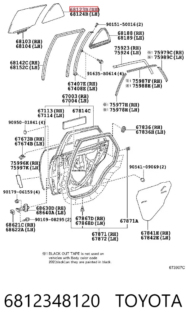Скло-кватирка двері, задній, правій 6812348120 Toyota