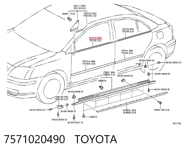 Молдинг опускного скла нижній, двері передньої, правої 7571020490 Toyota