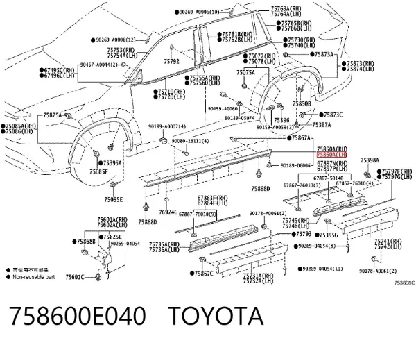 Накладка зовнішня (молдинг) порога, лівий 758600E040 Toyota