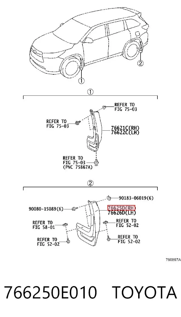 Бризковики задній, правий 766250E010 Toyota