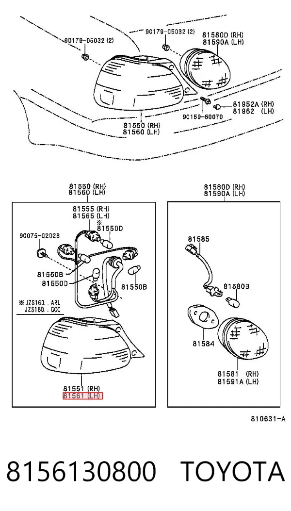 Скло заднього ліхтаря, лівого 8156130800 Toyota