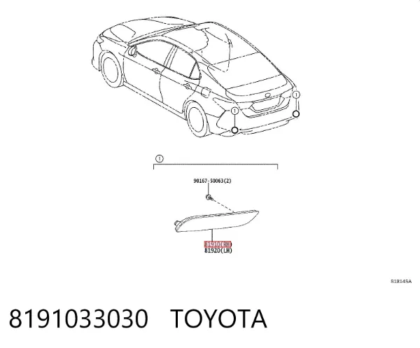 Катафот (відбивач) заднього бампера, правий 8191033030 Toyota