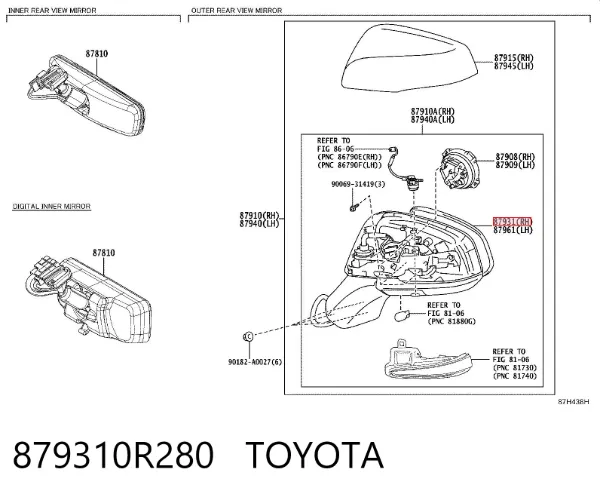 Дзеркальний елемент дзеркала заднього виду, правого 879310R280 Toyota