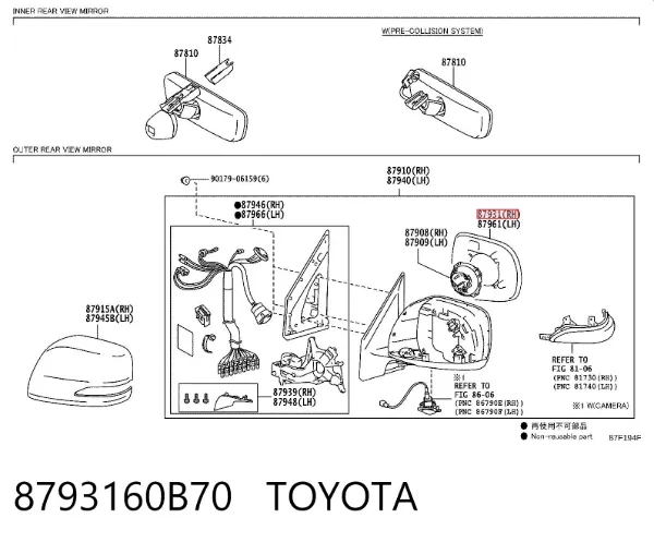 Дзеркальний елемент дзеркала заднього виду, правого 8793160B70 Toyota