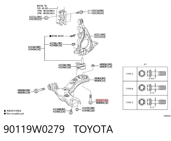 Болт переднього важеля, нижнього 90119W0279 Toyota