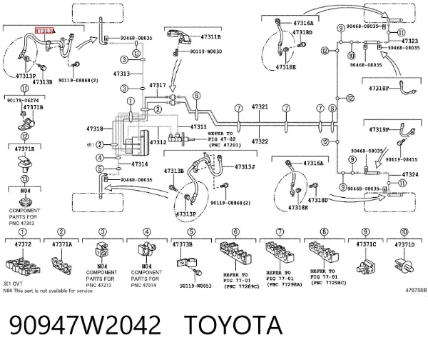 Шланг гальмівний передній, правий 90947W2042 Toyota