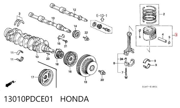 Поршень з пальцем без кілець, STD 13010PDCE01 Honda