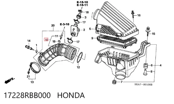 Патрубок повітряний, вихід повітряного фільтра 17228RBB000 Honda
