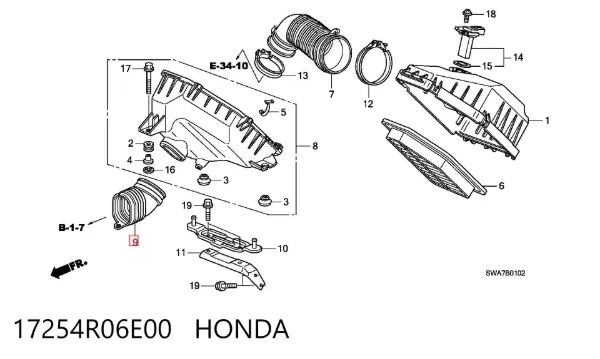 Патрубок повітряний, вхід повітряного фільтра 17254R06E00 Honda
