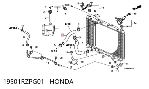 Шланг/патрубок радіатора охолодження, верхній 19501RZPG01 Honda