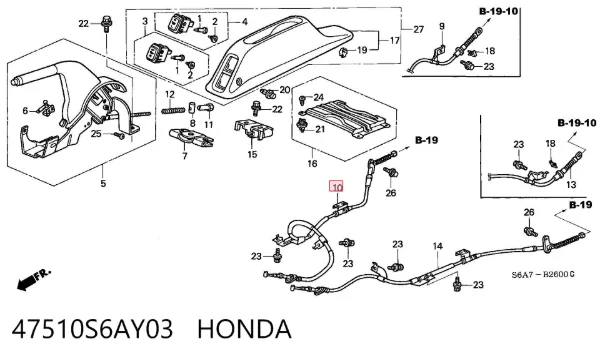 Трос ручного гальма задній, правий 47510S6AY03 Honda