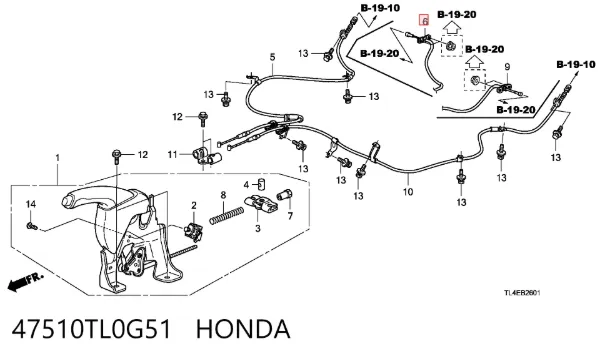 Трос ручного гальма задній, правий 47510TL0G51 Honda