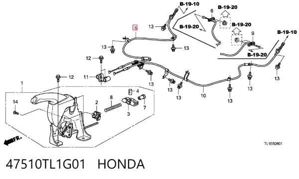 Трос ручного гальма задній, правий 47510TL1G01 Honda