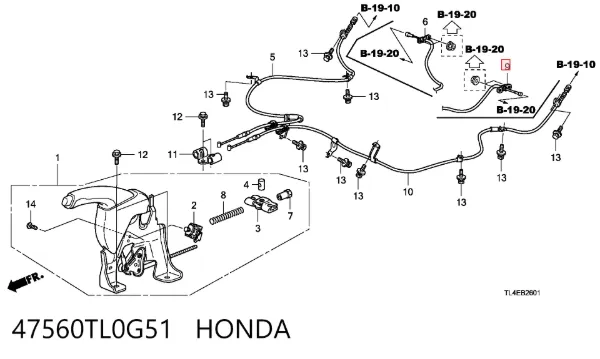 Трос ручного гальма задній, лівий 47560TL0G51 Honda