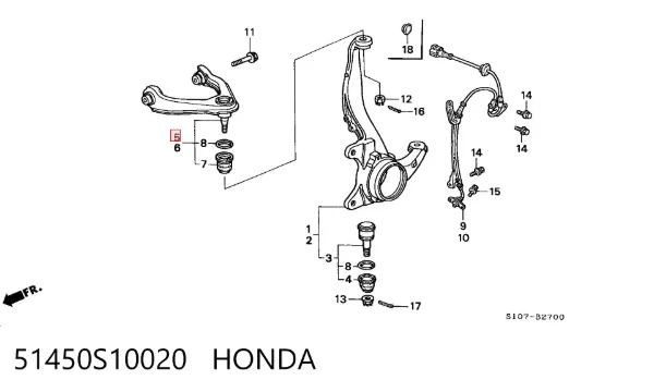 Важіль передньої підвіски верхній, правий 51450S10020 Honda