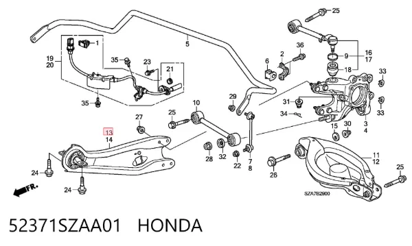 Важіль/тяга задньої підвіски подовжній нижній, правий 52371SZAA01 Honda