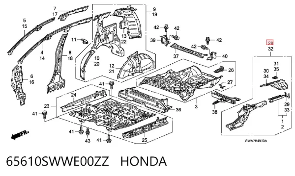 Лонжерон рами задній, правий 65610SWWE00ZZ Honda