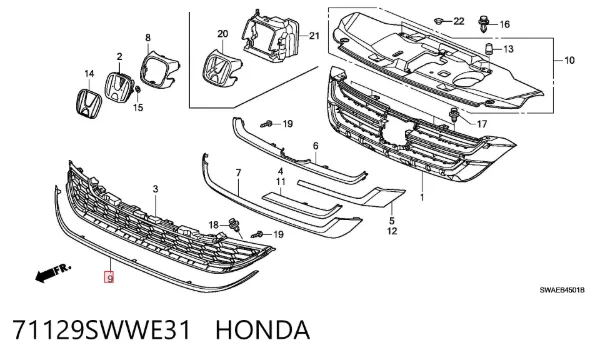 Молдинг решітки переднього бампера, нижній 71129SWWE31 Honda