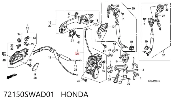 Замок передньої лівої двері 72150SWAD01 Honda