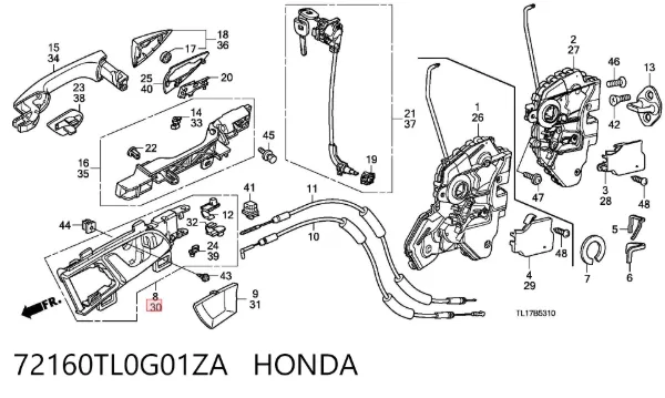 Ручка передньої двері внутрішня ліва 72160TL0G01ZA Honda