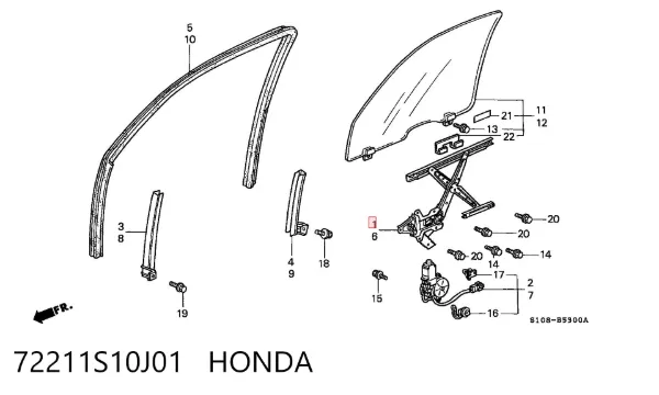 Механізм склопідіймача двері передньої, правої 72211S10J01 Honda