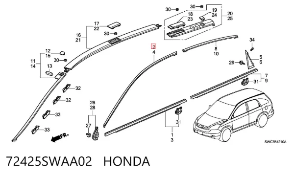 Молдинг передньої правої двері, верхній 72425SWAA02 Honda