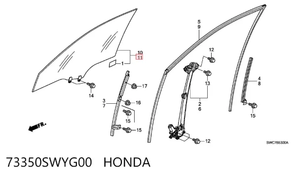 Скло передніх дверей, лівою 73350SWYG00 Honda