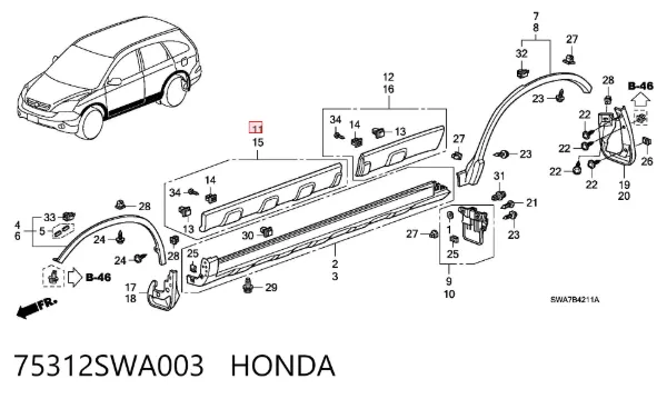 Накладка передньої правої двері 75312SWA003 Honda
