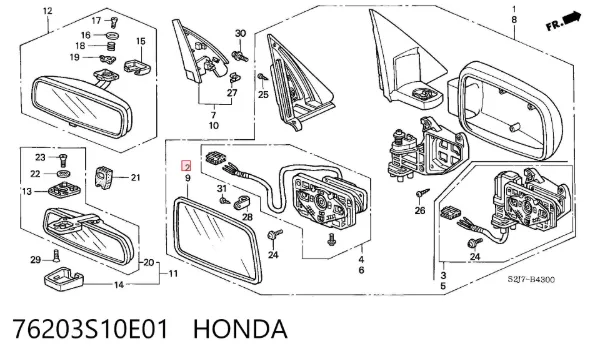 Дзеркальний елемент дзеркала заднього виду, правого 76203S10E01 Honda