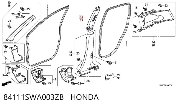 Обшивка стійки кузова внутрішня, середня права 84111SWA003ZB Honda