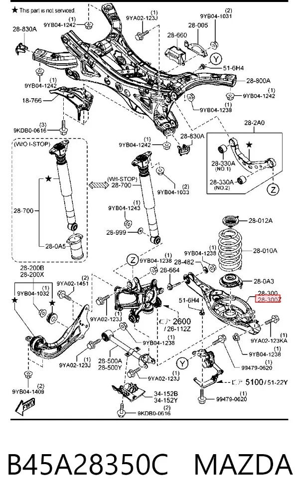 Важіль задньої підвіски нижній, лівий B45A28350C Mazda
