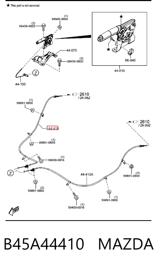 Трос ручного гальма задній, правий B45A44410 Mazda