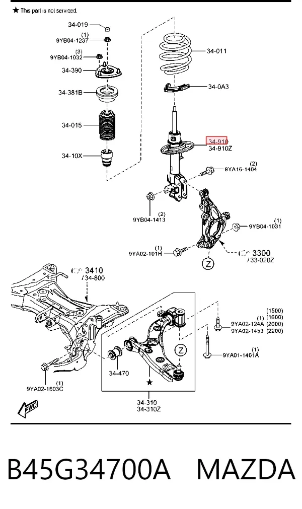 Амортизатор передній, правий B45G34700A Mazda